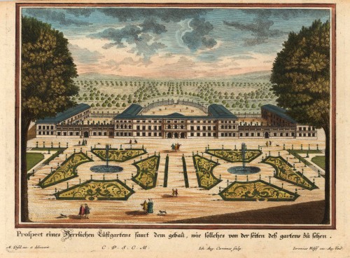 Prospect eines Herrlichen Antique Prospect eines Herrlichen Lüstgartens samt dem gebaü, wie sollches von der Seiten deß gartens zü sehen. - M. Deisel inv: et delineavit - C:P:S:C:M: - Ioh: Aug: Corvinus Sculp: - Ieremias Wolff exc: Aug: Vind.