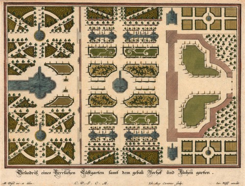 Grundriß eines herrlichen Antique Grundriß eines herrlichen Lustgarten samt dem gebaü Vorhof und Küchen garten. C: P: S: C: M: