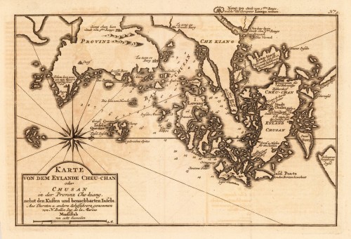 Karte von dem Eylande Antique Karte von dem Eylande Cheu-Chan oder Chusan in der Provinz Che-kiang, nebst den Kusten und benachbarten Inseln. - aus Thornton u. andern Schiffahrern genommen von N. Bellin Ing. de la Marine.