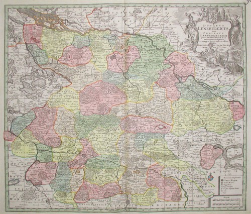 Ducatus Luneburgicus cum Antique Ducatus Luneburgicus cum Comitatu Dannebergensi juxta Praefecturas suas accurrate designatus et mappa Geographica editus per Matth. Seutter Sac. Caes. Maj. Geogr. Aug. Vind.