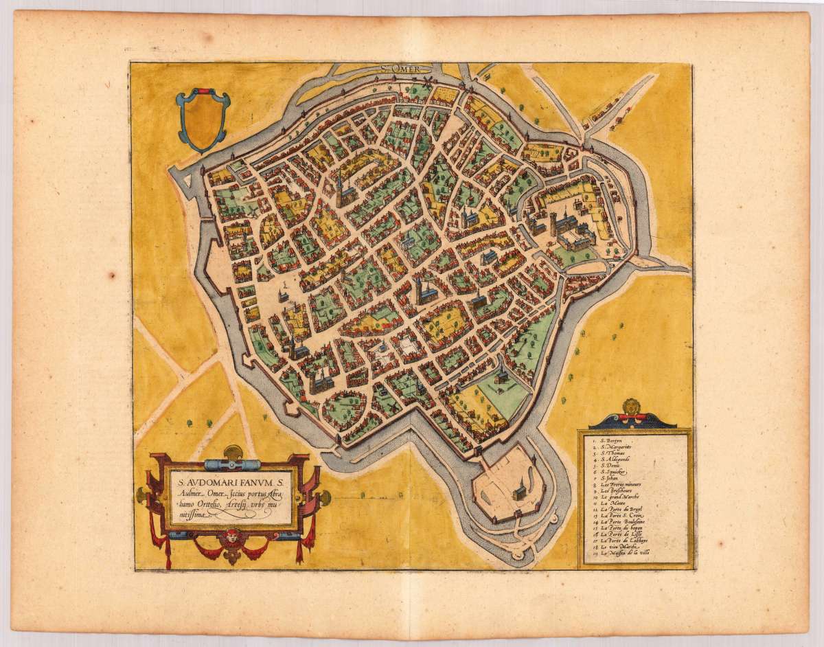 Antique, old, rare and historic map of St. Omer by Braun,